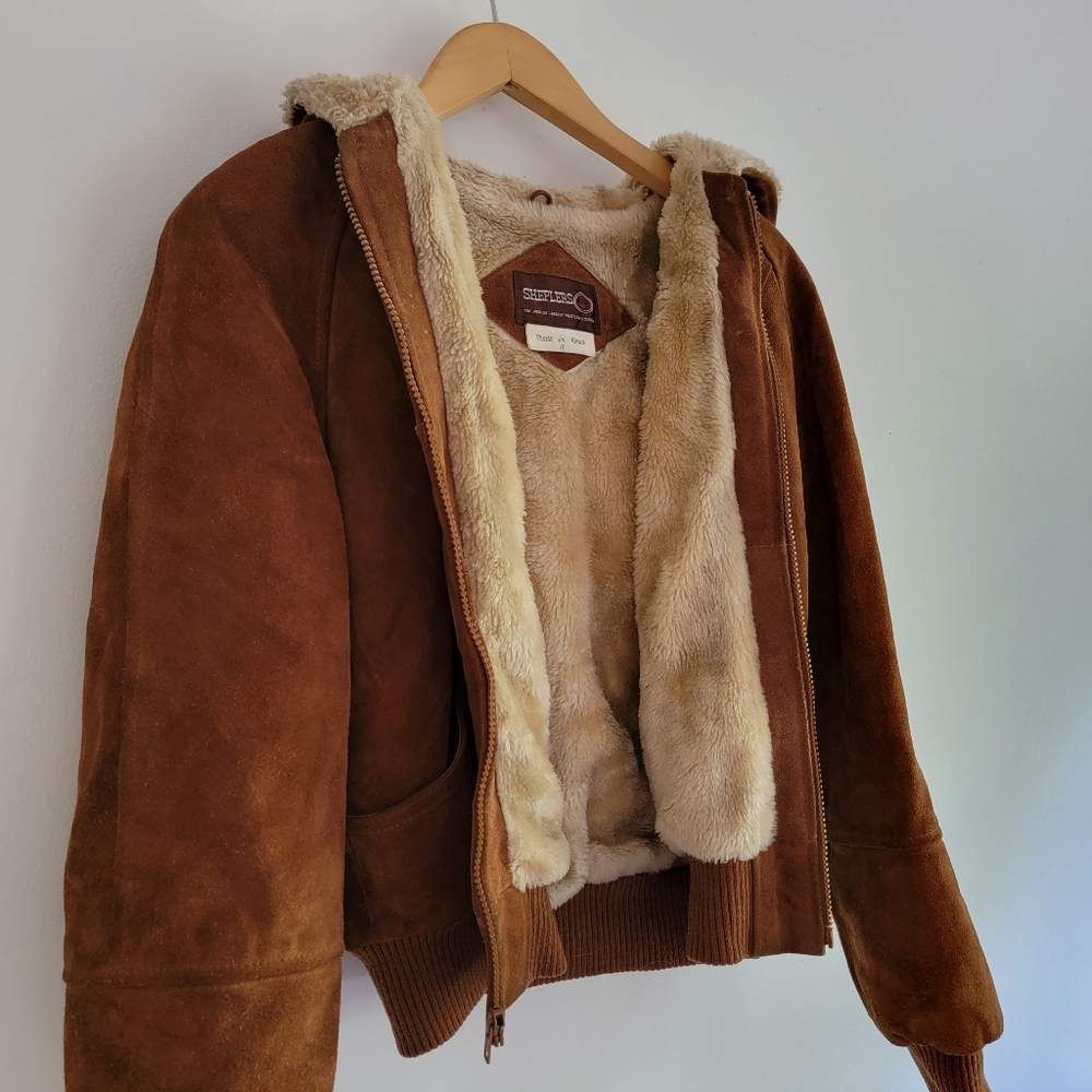 Vintage Shepler's Brown Suede Soft Shearling Lined Bomber Jacket 12* Small  Hood - Picture 6 of 16